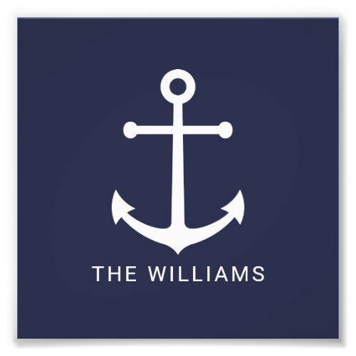 Nautical White Anchor and Custom Name on Navy Blue Photo Print