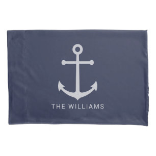 Nautical White Anchor and Custom Name on Navy Blue Pillow Case