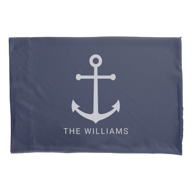 Nautical White Anchor and Custom Name on Navy Blue Pillow Case (Front)