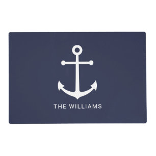 Nautical White Anchor and Custom Name on Navy Blue Placemat
