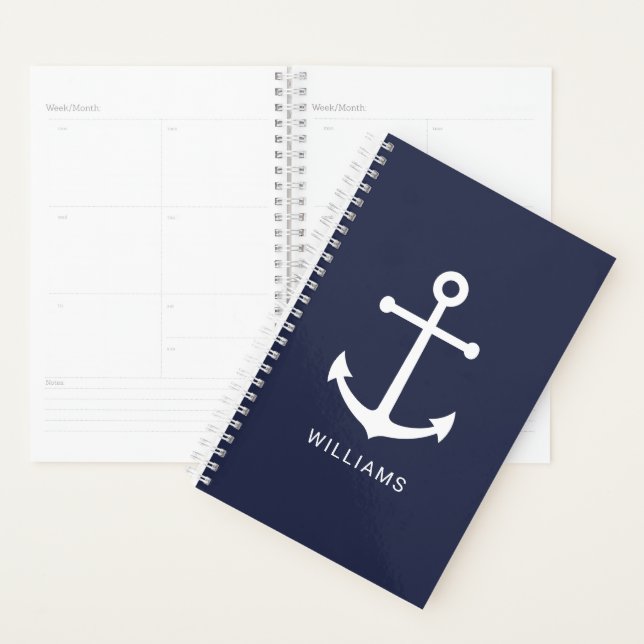 Nautical White Anchor and Custom Name on Navy Blue Planner (Display)