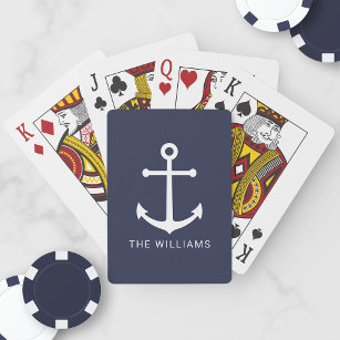 Nautical White Anchor and Custom Name on Navy Blue Playing Cards
