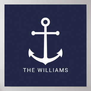 Nautical White Anchor and Custom Name on Navy Blue Poster