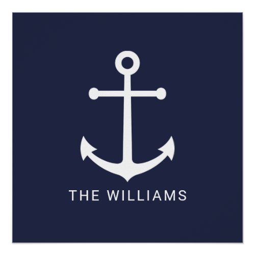Nautical White Anchor and Custom Name on Navy Blue Poster