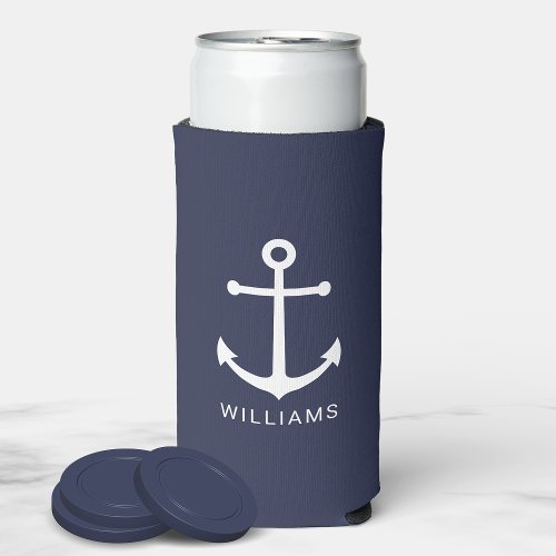 Nautical White Anchor and Custom Name on Navy Blue Seltzer Can Cooler
