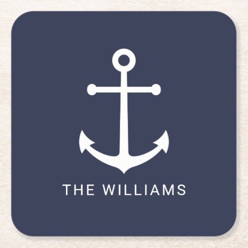 Nautical White Anchor and Custom Name on Navy Blue Square Paper Coaster
