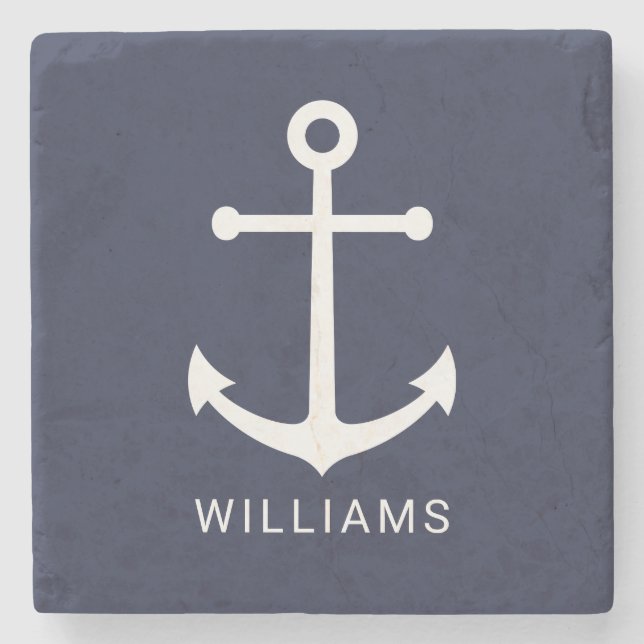 Nautical White Anchor and Custom Name on Navy Blue Stone Coaster (Front)