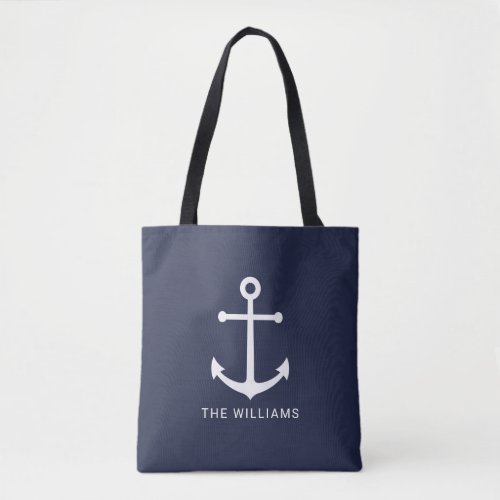 Nautical White Anchor and Custom Name on Navy Blue Tote Bag