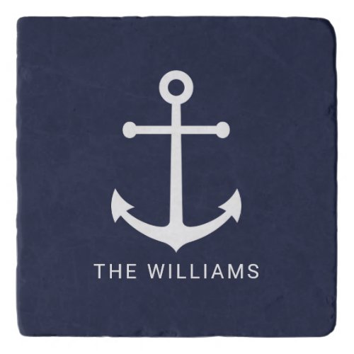 Nautical White Anchor and Custom Name on Navy Blue Trivet