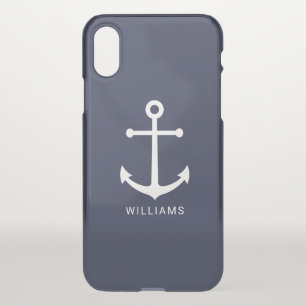 Nautical White Anchor and Custom Name on Navy Blue iPhone X Case