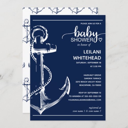 Nautical White Anchor Baby Shower Invitation - Celebrate the new mom to be with this nautical-inspired baby shower invitation. This card features a large sketch anchor on the left side with the text to the right. Baby is written in a hand-lettered font and a special heart beside the shower. The back of the card has an anchor pattern.