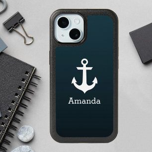 Nautical White Anchor Blue Ombre Name iPhone 15 Case
