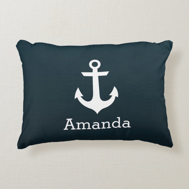 Nautical White Anchor Blue Ombre Personalized Name Accent Pillow (Front)