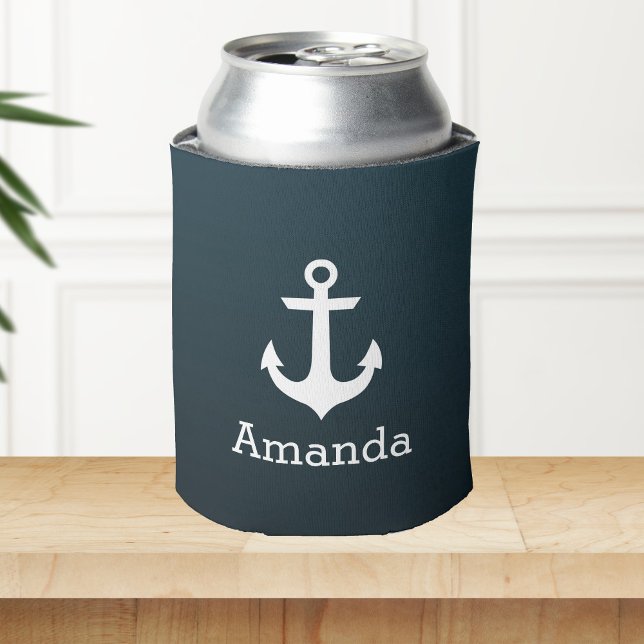 Nautical White Anchor Blue Ombre Personalized Name Can Cooler (Creator Uploaded)