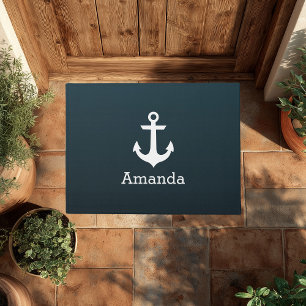 Nautical White Anchor Blue Ombre Personalized Name Doormat