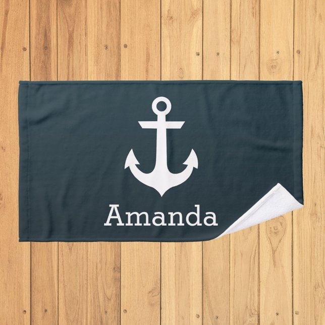 Nautical White Anchor Blue Ombre Personalized Name Hand Towel (Creator Uploaded)