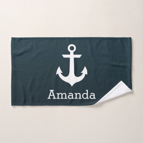 Nautical White Anchor Blue Ombre Personalized Name Hand Towel