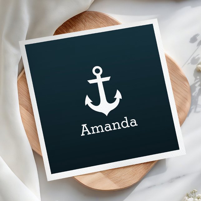 Nautical White Anchor Blue Ombre Personalized Name Paper Dinner Napkins (Creator Uploaded)