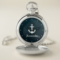 Nautical White Anchor Blue Ombre Personalized Name Pocket Watch