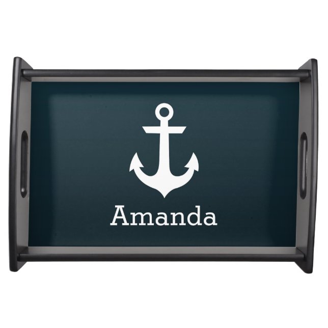 Nautical White Anchor Blue Ombre Personalized Name Serving Tray (Front)