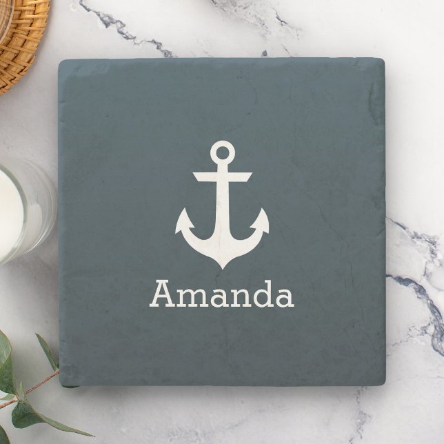 Nautical White Anchor Blue Ombre Personalized Name Stone Coaster (Creator Uploaded)