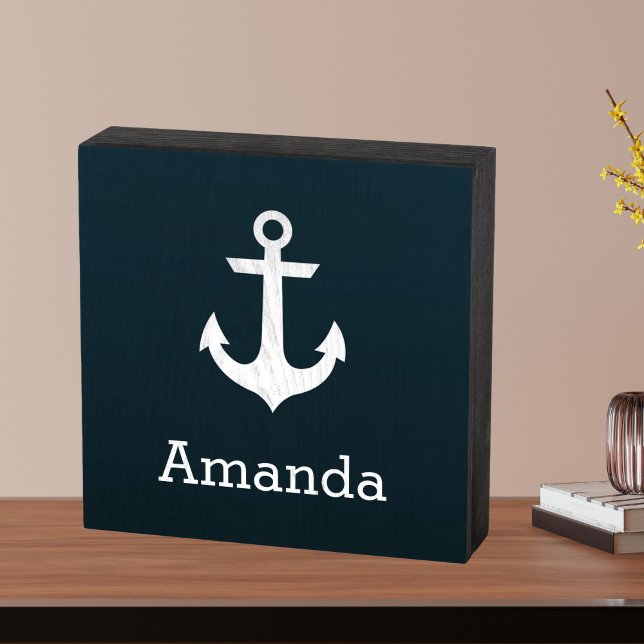 Nautical White Anchor Blue Ombre Personalized Name Wooden Box Sign (Creator Uploaded)