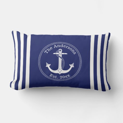 Nautical White Anchor Blue Striped Family Name Lumbar Pillow