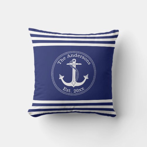 Nautical White Anchor Blue Striped Family Name Throw Pillow