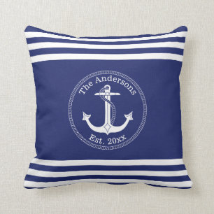 Nautical White Anchor Blue Striped Family Name Throw Pillow