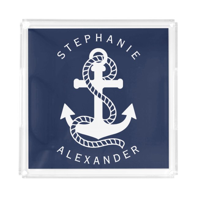 Nautical White Anchor Custom Name Serving Tray (Front)