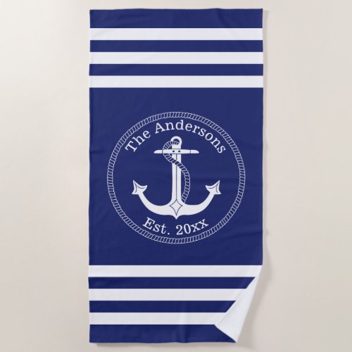 Nautical White Anchor Family Name Choose Color Beach Towel