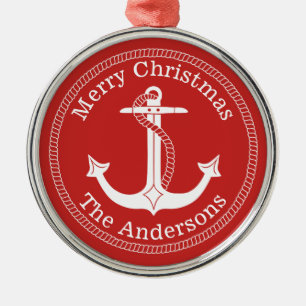 Nautical White Anchor Family Name Christmas Metal Ornament