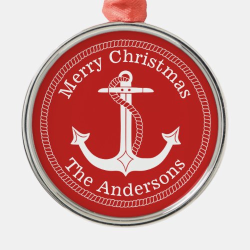 Nautical White Anchor Family Name Christmas Metal Ornament