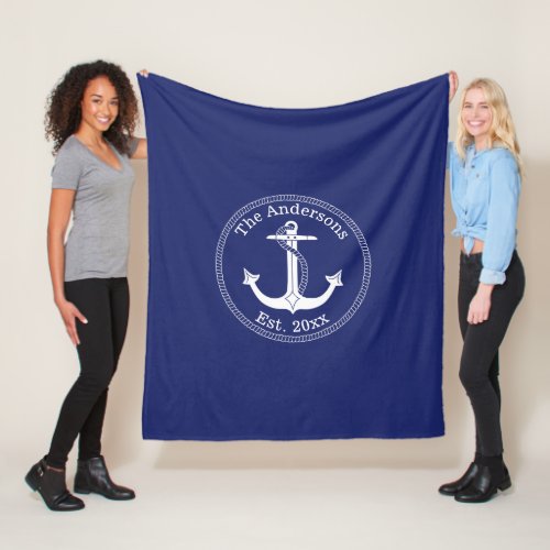 Nautical White Anchor Family Name Fleece Blanket