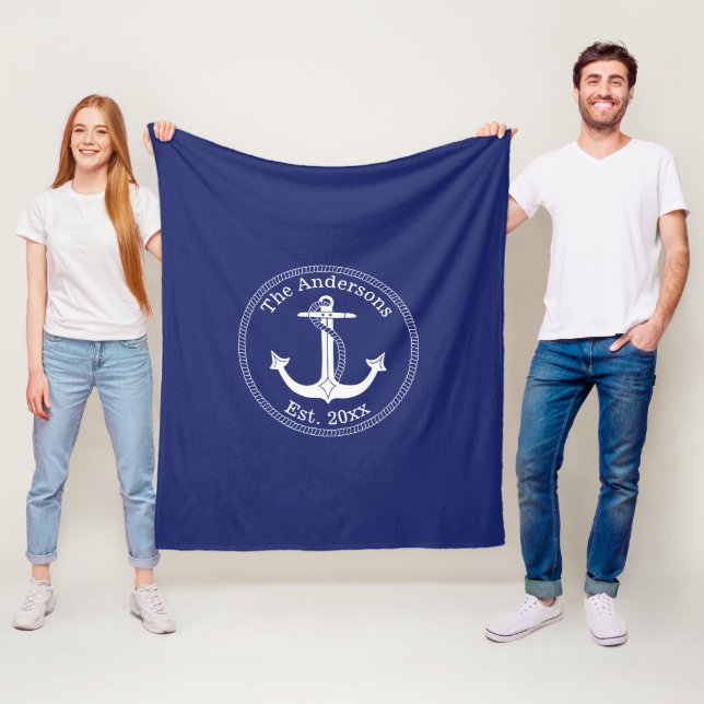 Nautical White Anchor Family Name Fleece Blanket (In Situ)
