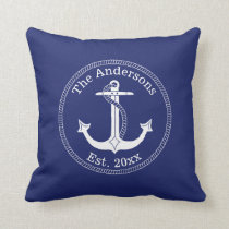 Nautical White Anchor Family Name Throw Pillow