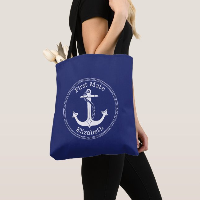 Nautical White Anchor First Mate Personalized Tote Bag (Close Up)