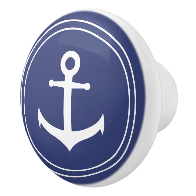 Nautical | White Anchor in Dark Blue Circle Ceramic Knob (Right)
