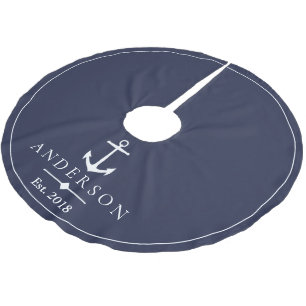 Nautical White Anchor & Navy Blue   Personalized Brushed Polyester Tree Skirt