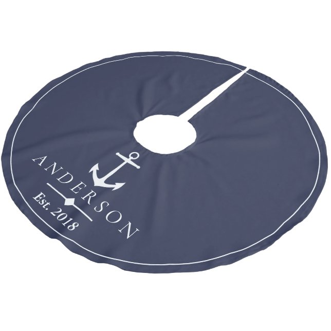 Nautical White Anchor & Navy Blue | Personalized Brushed Polyester Tree Skirt (Angled)