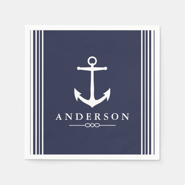 Nautical White Anchor & Navy Blue | Personalized Napkins (Front)