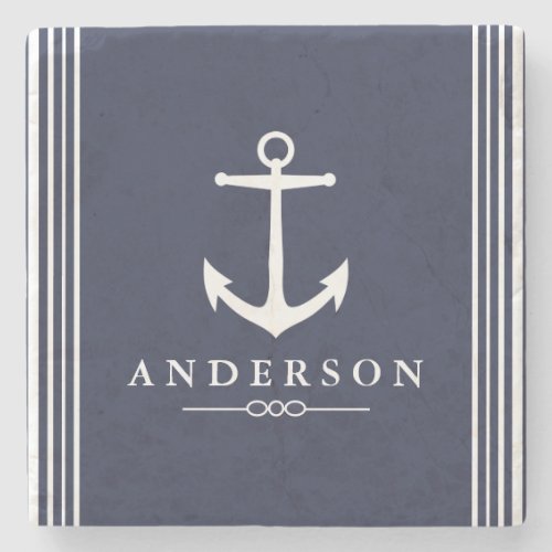 Nautical White Anchor  Navy Blue  Personalized Stone Coaster