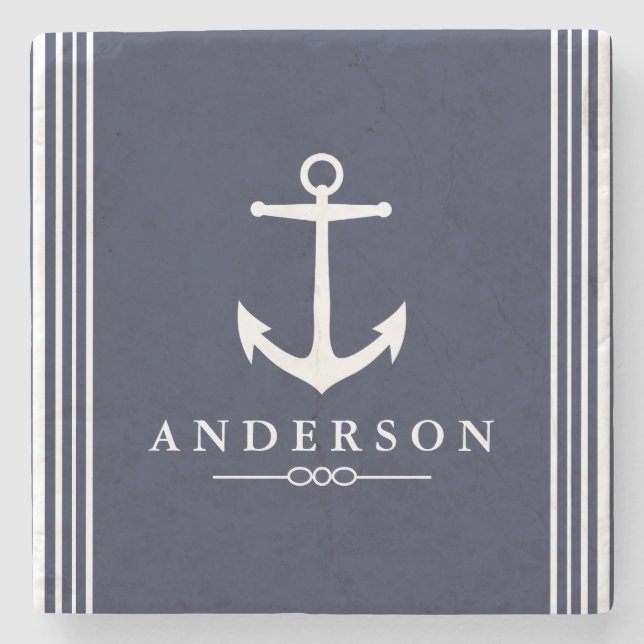 Nautical White Anchor & Navy Blue | Personalized Stone Coaster (Front)