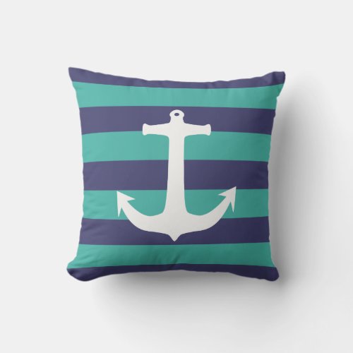 Nautical White Anchor Navy Blue Turquoise Stripes Throw Pillow