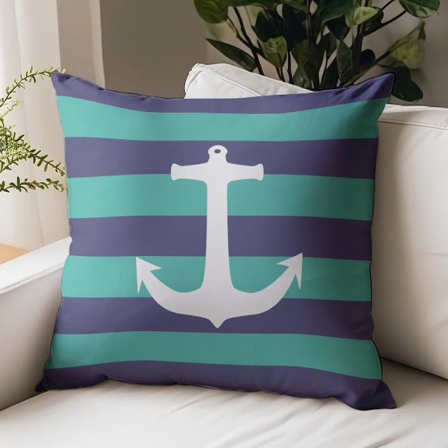 Nautical White Anchor Navy Blue Turquoise Stripes Throw Pillow (Creator Uploaded)