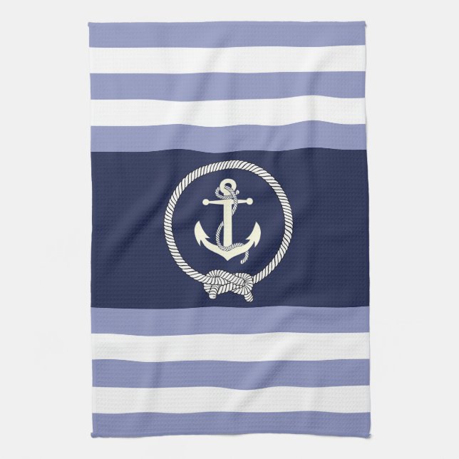 Nautical white anchor/navy knot/blue/white stripe kitchen towel (Vertical)