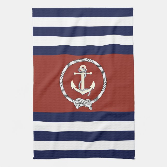Nautical white anchor/navy knot/blue/white stripe kitchen towel (Vertical)