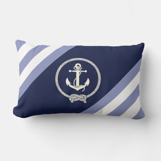 Nautical white anchor/navy knot/navy/blue stripe 2 lumbar pillow (Front)