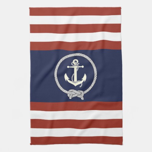 Nautical white anchornavy knotredwhite stripe kitchen towel