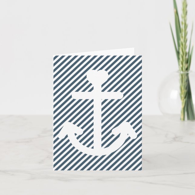 Nautical White Anchor Navy White Stripes Blank Card (Front)